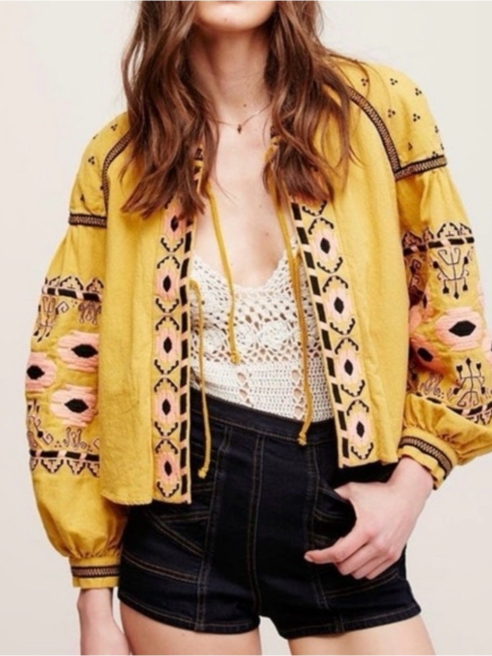 Anthropologie RD & Koko Yellow Embroidered Boho Swing Jacket Balloon Sleeve Sz L